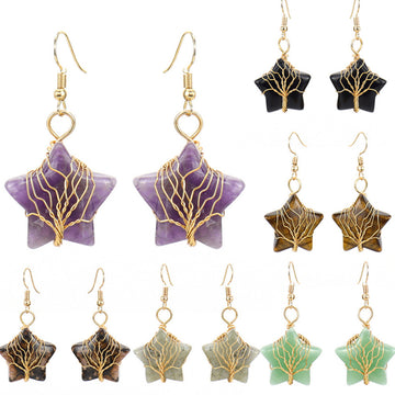 Pentagram Crystal Earrings – Amethyst Tree of Life