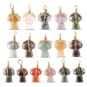 Natural Gemstone Mushroom Pendant - Wire-Wrapped Crystal Necklace