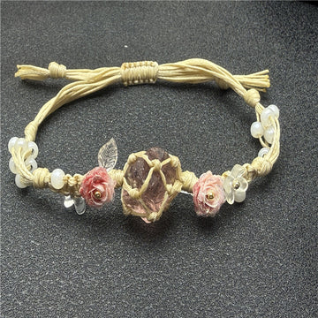 Natural Raw Glass Stone Bracelet – Handwoven Floral Macrame