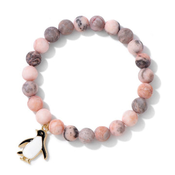 Penguin gemstone bracelet-8mm pink zebra & turquoise beads