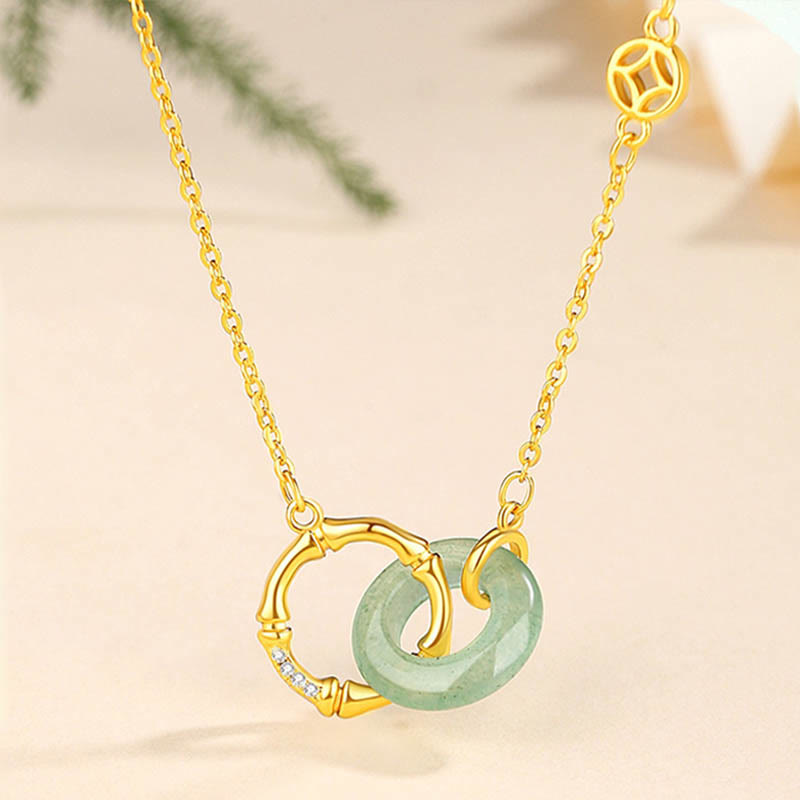 Buddha Stones 925 Sterling Silver Natural Green Aventurine Peace Buckle Bamboo Coin Prosperity Necklace Pendant Necklace BS 7