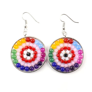 Boho Rainbow Stone Hoop Earrings – 4cm Handwoven Crystal Beads (E30)