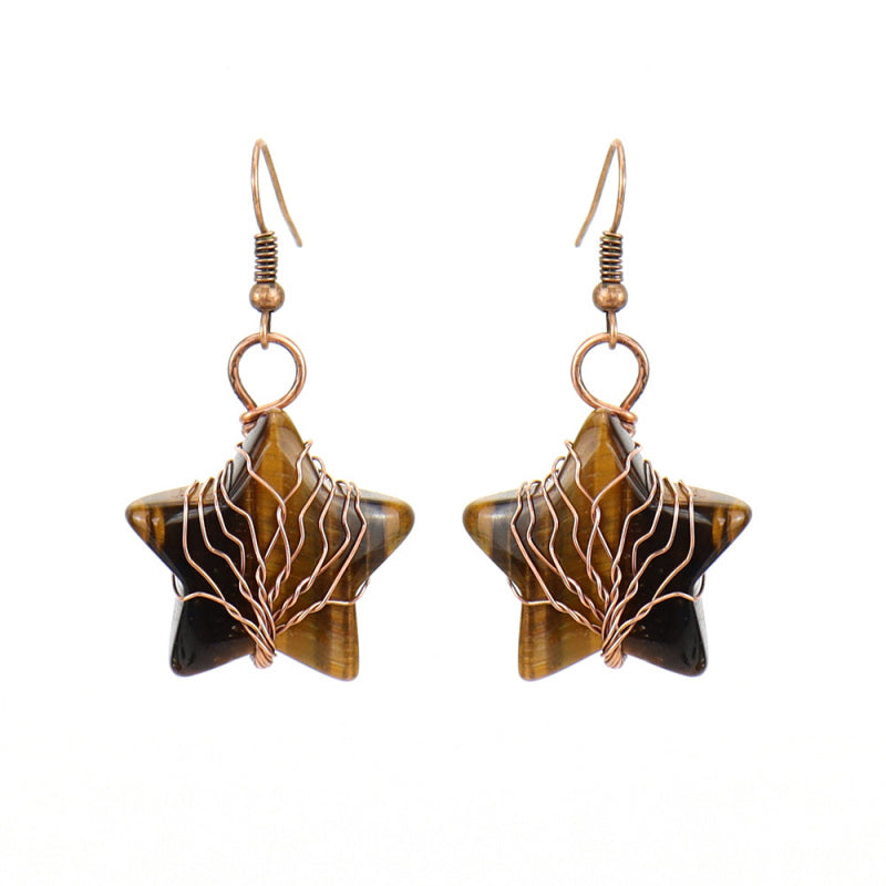 Tiger’s Eye Pentagram Earrings – Tree of Life Crystal Dangle (E56)