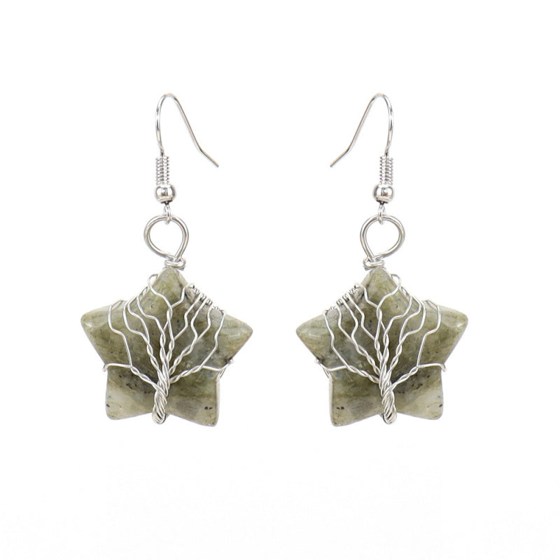 Pentagram Tree of Life Crystal Earrings – Tiger Eye Raw Stone