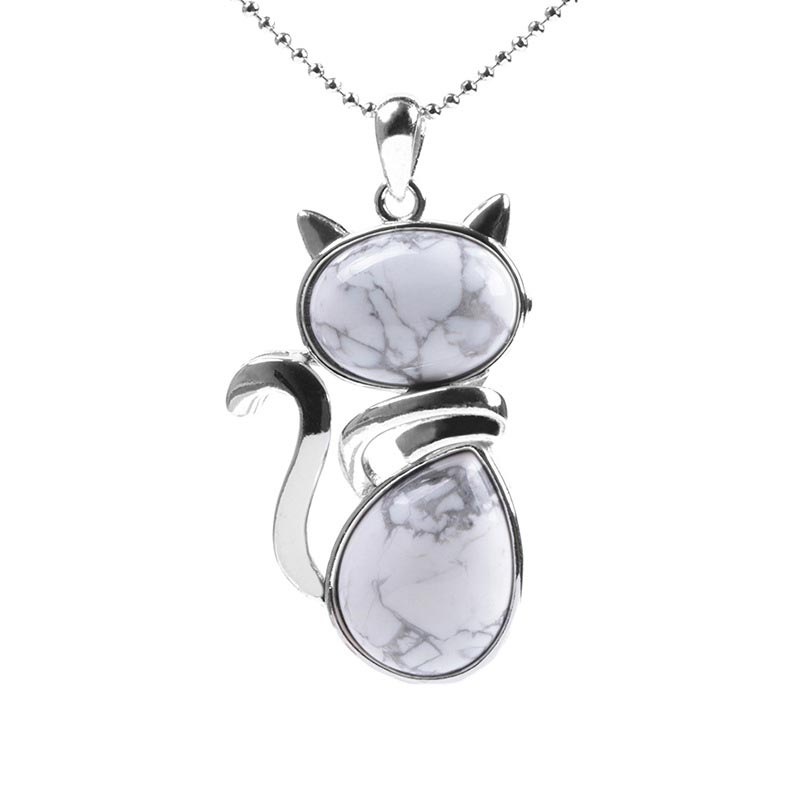 Buddha Stones Cat Pattern Natural Crystal Protection Necklace Pendant Necklaces & Pendants BS White Turquoise