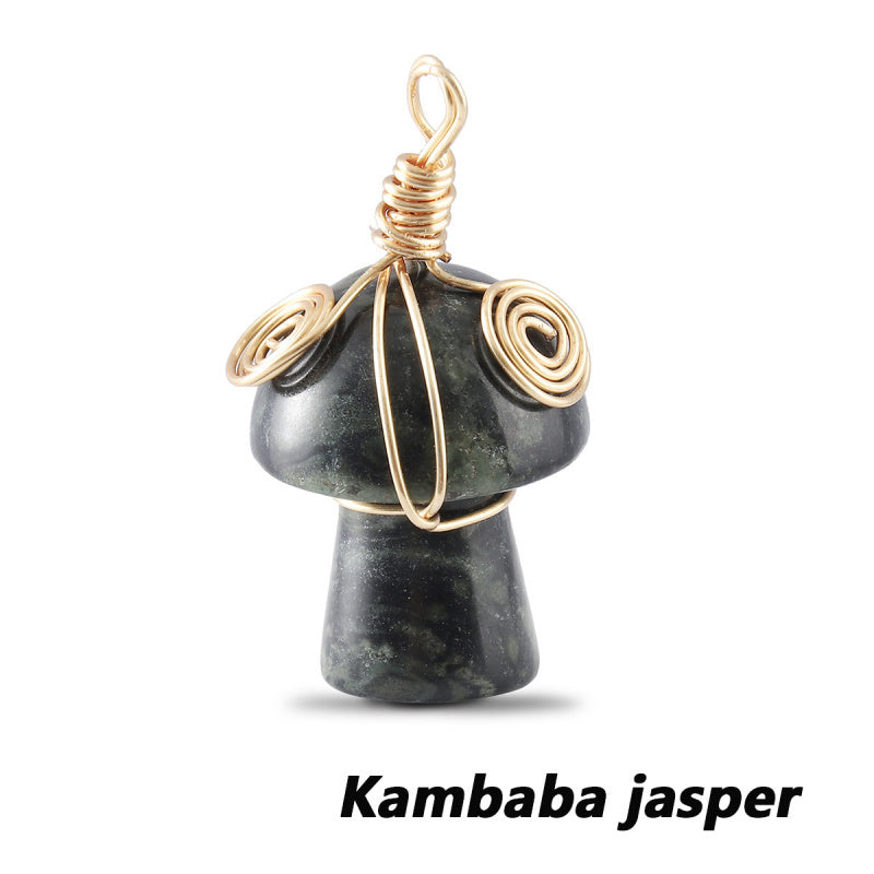 Natural Gemstone Mushroom Pendant - Wire-Wrapped Crystal Necklace