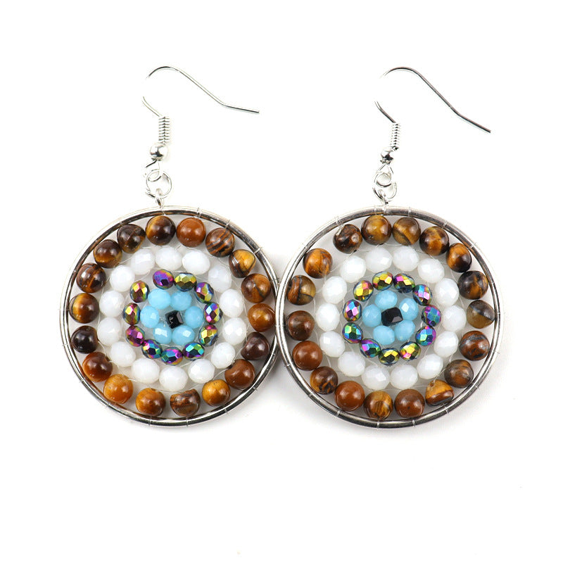 Boho Rainbow Stone Hoop Earrings – 4cm Handwoven Crystal Beads (E30)