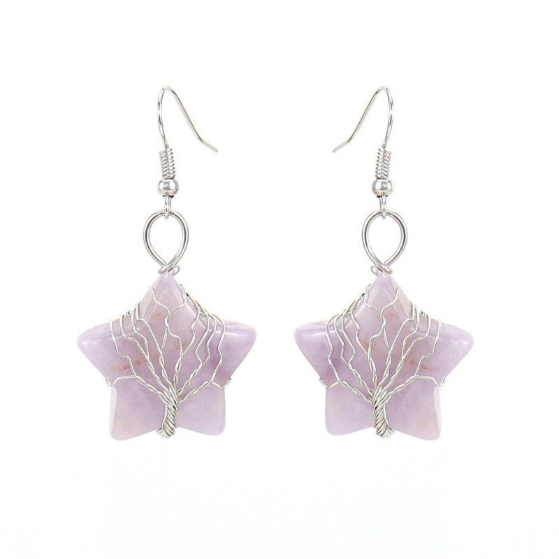 Pentagram Tree of Life Crystal Earrings – Tiger Eye Raw Stone