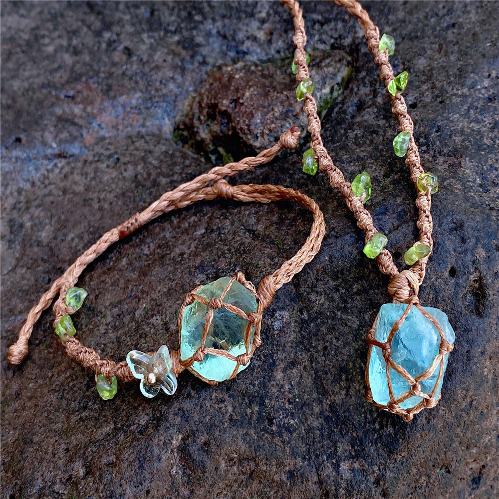Fluorite Raw Stone Forest Bracelet/Necklace – Handwoven Macrame