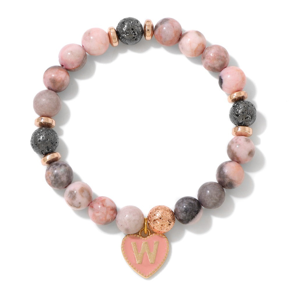 Pink Zebra Jasper Initial Bracelet – 8mm Beads, Heart Letter Charm