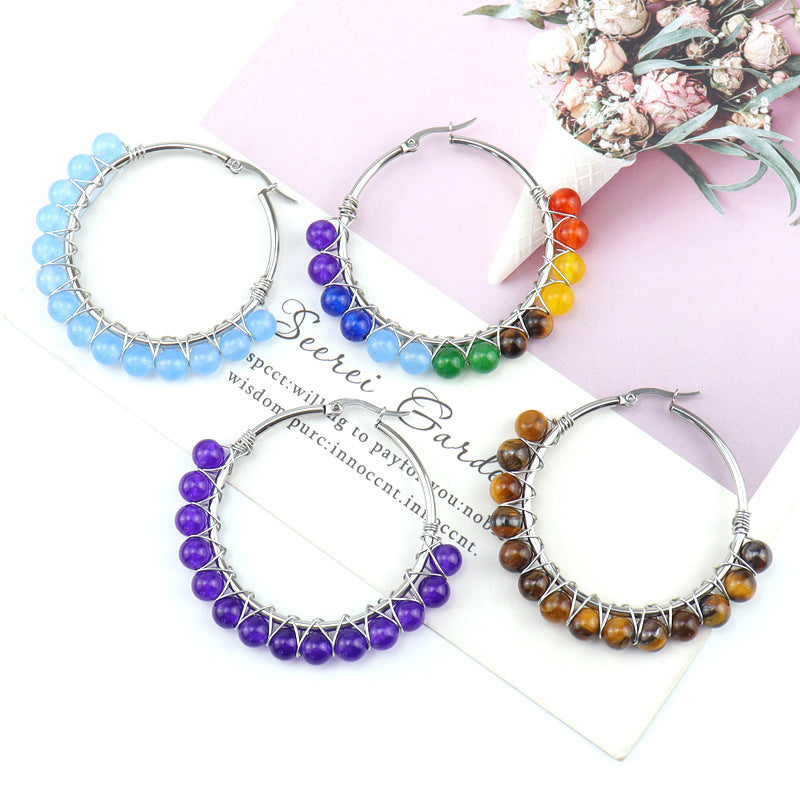 Raw Crystal Hoop Earrings – 5cm Natural Stone Bead Earrings (E26)
