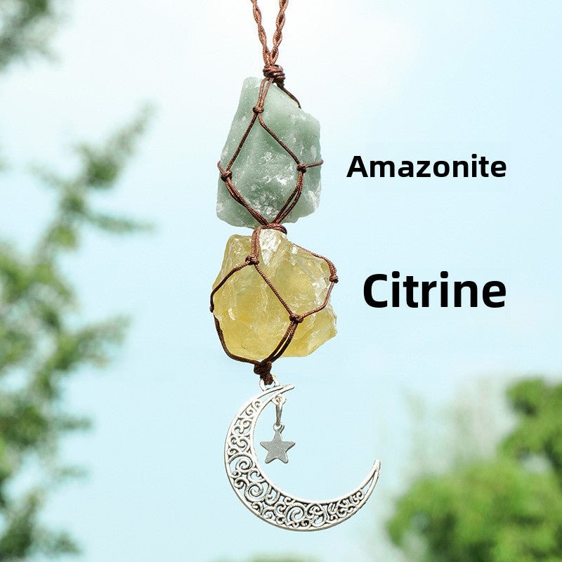 Amethyst & Rose Quartz Car Charm – Moon & Star Crystal Pendant