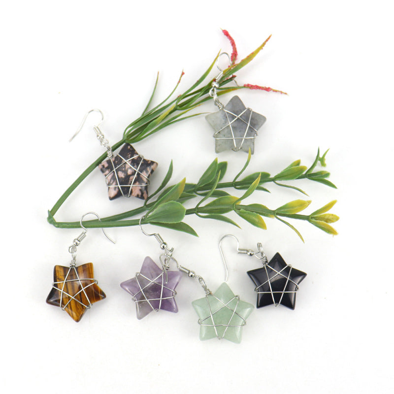 Tiger Eye Star Crystal Earrings – Handwrapped Stone Studs (E44)