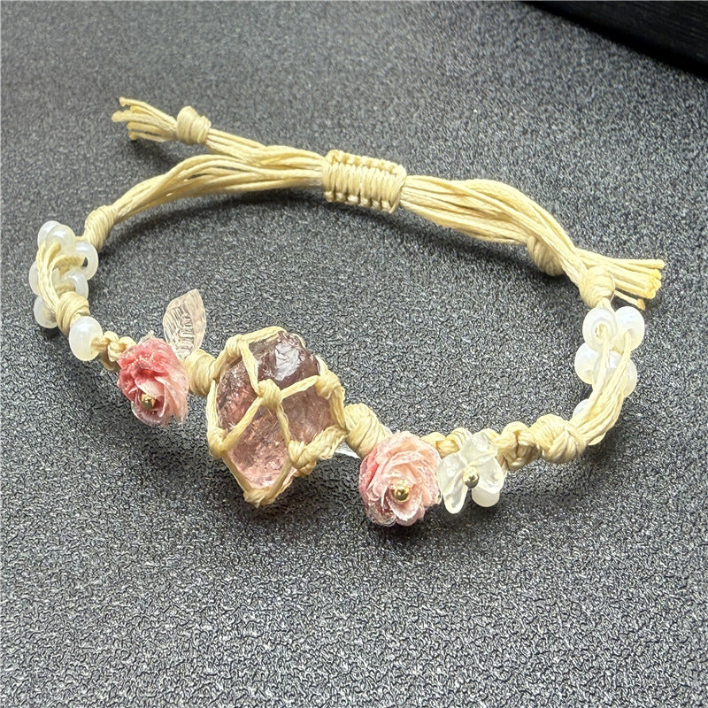 Natural Raw Glass Stone Bracelet – Handwoven Floral Macrame