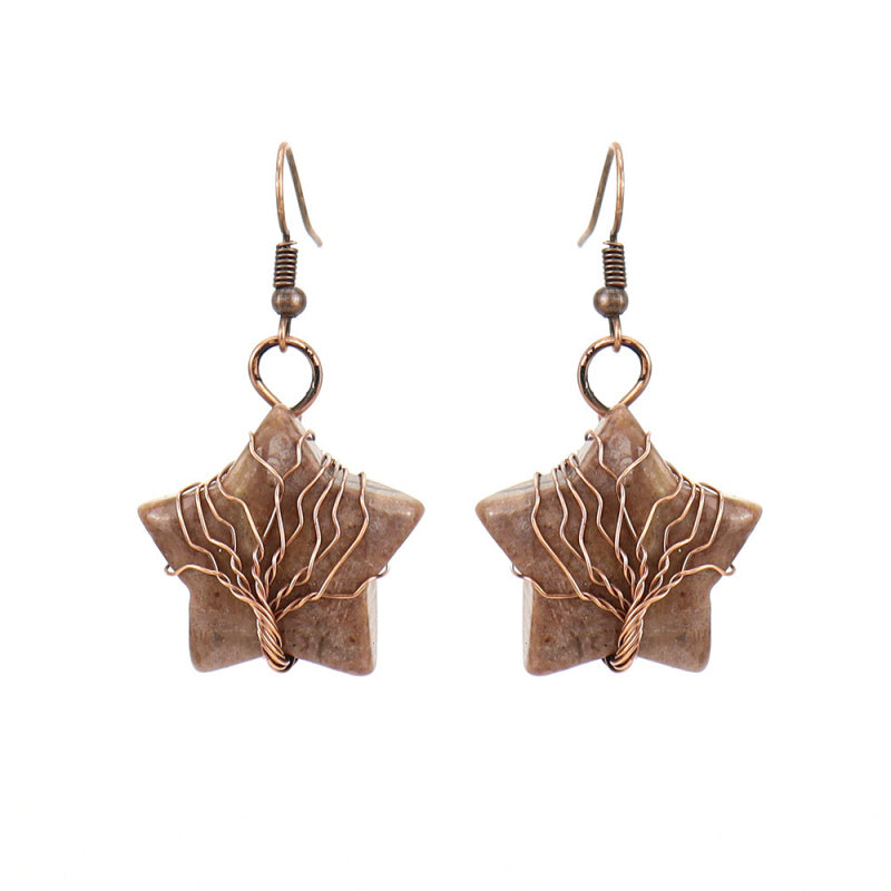 Tiger’s Eye Pentagram Earrings – Tree of Life Crystal Dangle (E56)