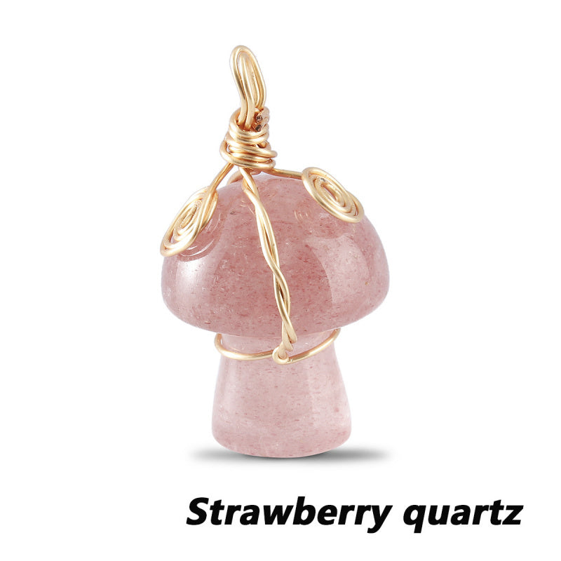 Natural Gemstone Mushroom Pendant - Wire-Wrapped Crystal Necklace