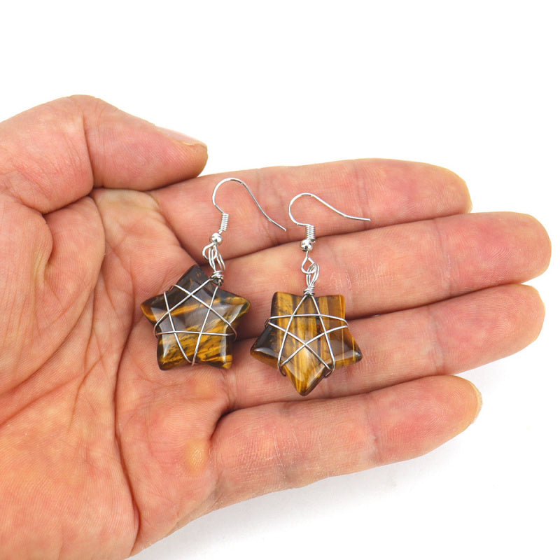 Tiger Eye Star Crystal Earrings – Handwrapped Stone Studs (E44)