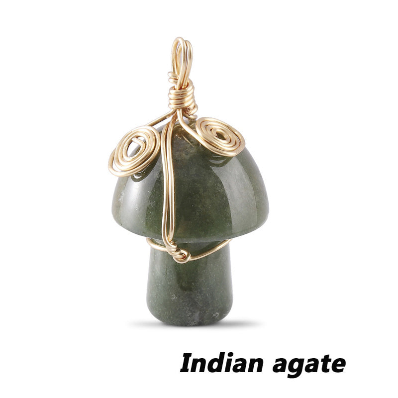 Natural Gemstone Mushroom Pendant - Wire-Wrapped Crystal Necklace