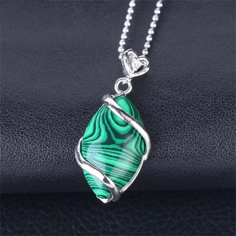 Buddha Stones Marquise Pattern Natural Crystal Stone Charm Necklace Pendant Necklaces & Pendants BS Malachite