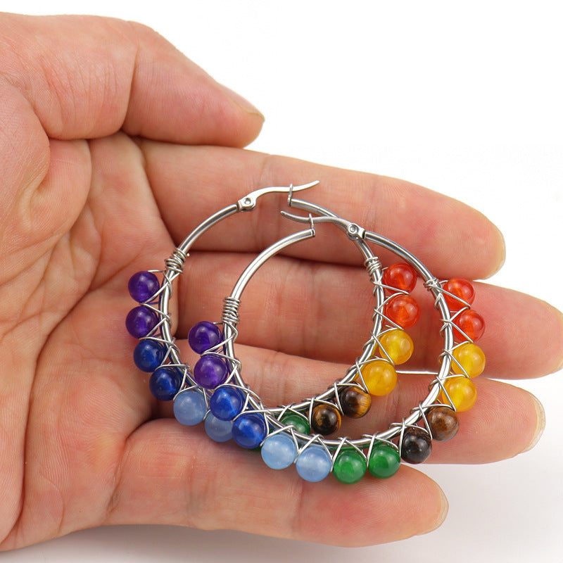Raw Crystal Hoop Earrings – 5cm Natural Stone Bead Earrings (E26)