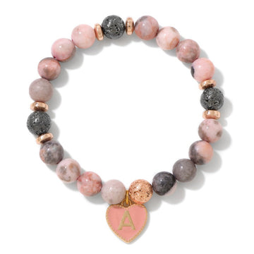 Pink Zebra Jasper Initial Bracelet – 8mm Beads, Heart Letter Charm