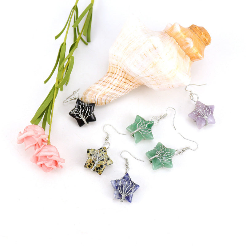 Pentagram Tree of Life Crystal Earrings – Tiger Eye Raw Stone
