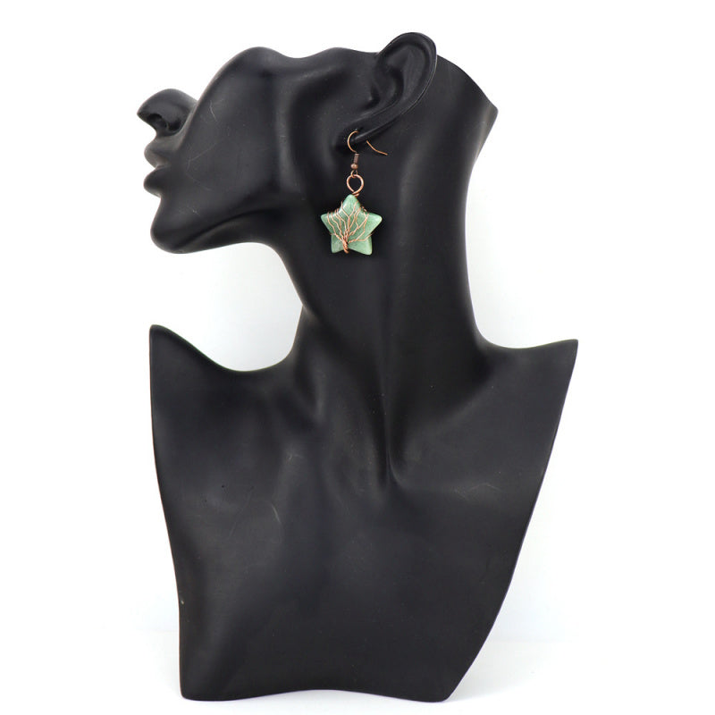 Tiger’s Eye Pentagram Earrings – Tree of Life Crystal Dangle (E56)