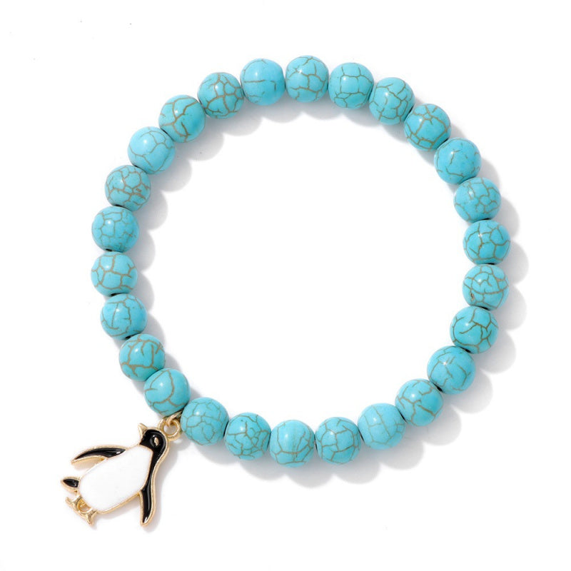 Penguin gemstone bracelet-8mm pink zebra & turquoise beads