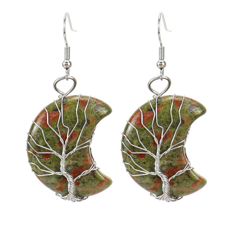 Tree of Life Moon Earrings – Amethyst Crystal Crescent Dangle (E36)