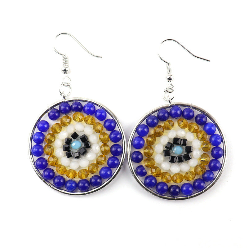 Boho Rainbow Stone Hoop Earrings – 4cm Handwoven Crystal Beads (E30)