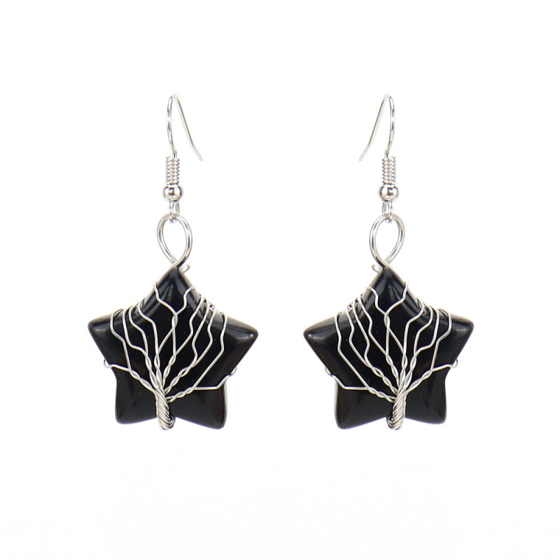 Pentagram Tree of Life Crystal Earrings – Tiger Eye Raw Stone