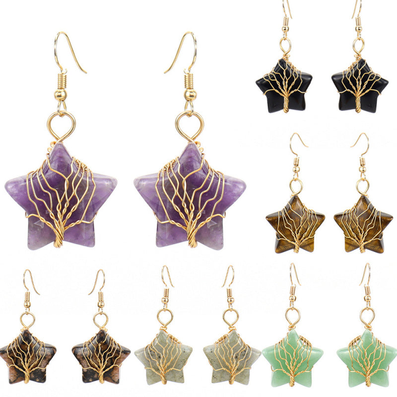 Pentagram Crystal Earrings – Amethyst Tree of Life