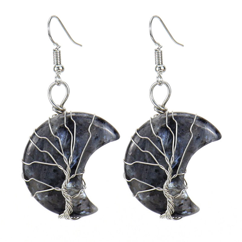 Tree of Life Moon Earrings – Amethyst Crystal Crescent Dangle (E36)