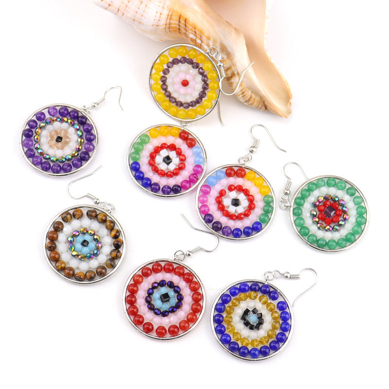 Boho Rainbow Stone Hoop Earrings – 4cm Handwoven Crystal Beads (E30)