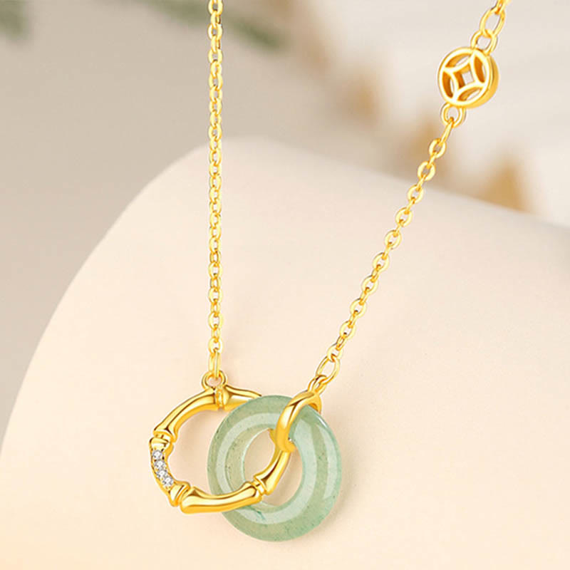 Buddha Stones 925 Sterling Silver Natural Green Aventurine Peace Buckle Bamboo Coin Prosperity Necklace Pendant Necklace BS 1