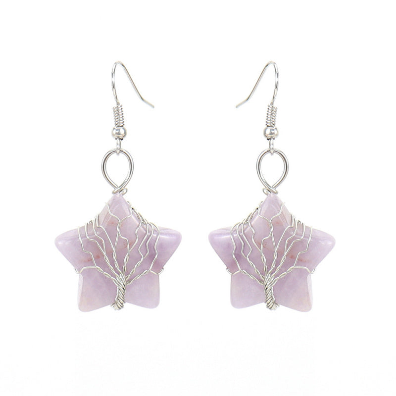 Pentagram Tree of Life Crystal Earrings – Tiger Eye Raw Stone