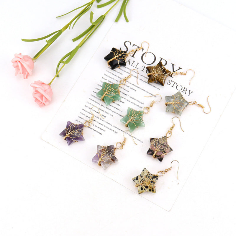 Pentagram Crystal Earrings – Amethyst Tree of Life