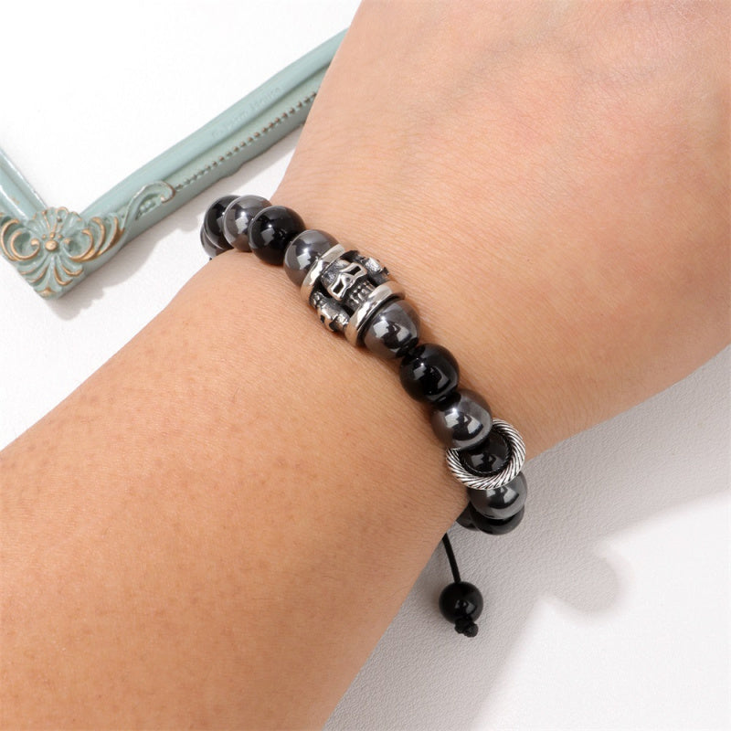 Punk Skull Bracelet – Black Obsidian Beaded, Adjustable, Rock Style