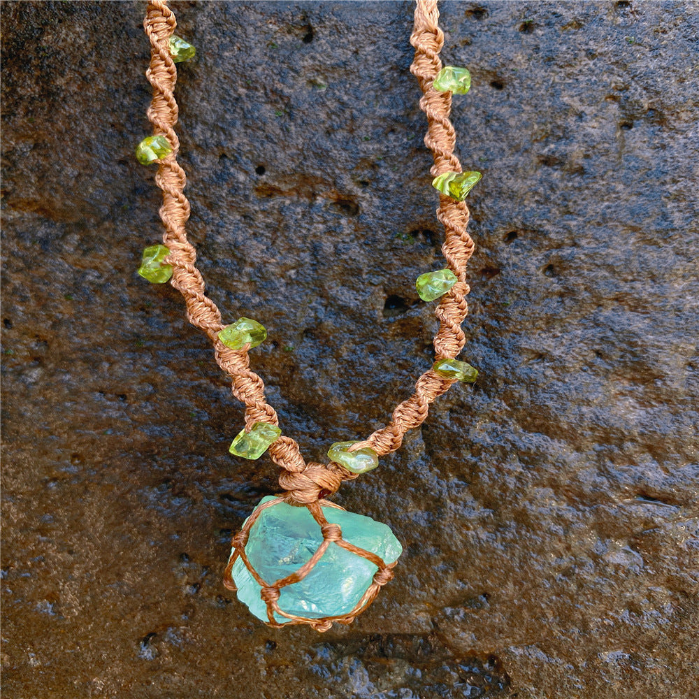 Fluorite Raw Stone Forest Bracelet/Necklace – Handwoven Macrame