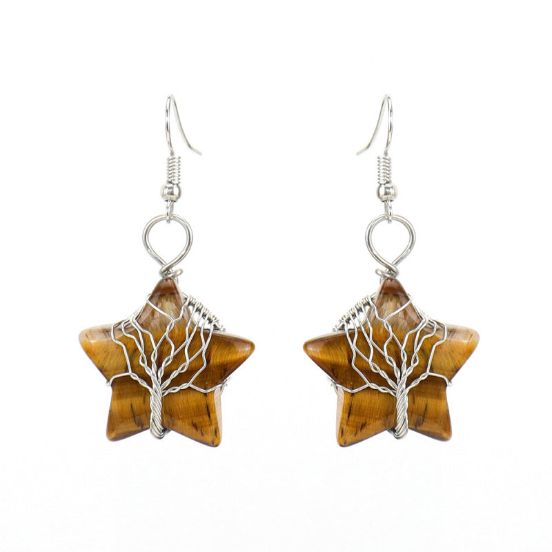 Pentagram Tree of Life Crystal Earrings – Tiger Eye Raw Stone