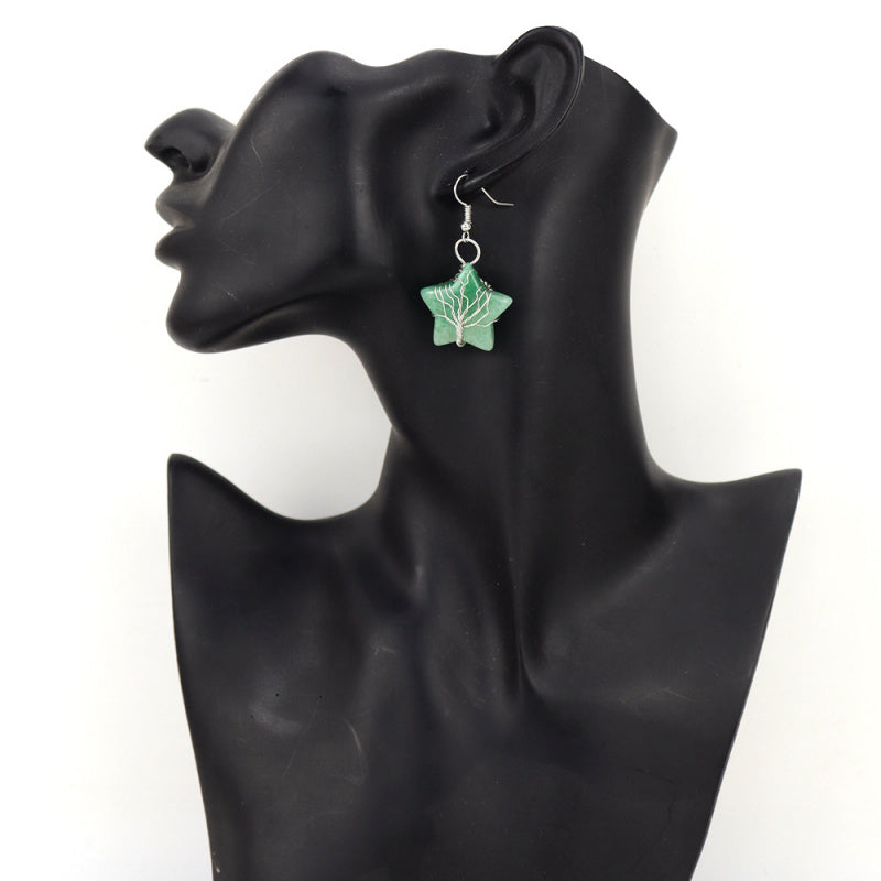 Pentagram Tree of Life Crystal Earrings – Tiger Eye Raw Stone