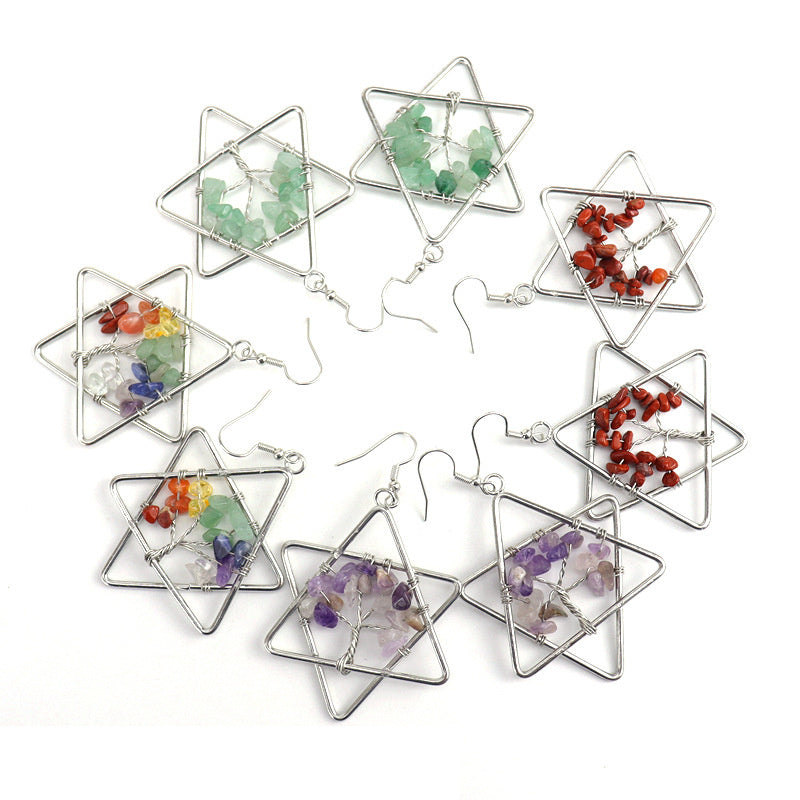 Tree of Life Hexagram Earrings – Rainbow Crystal Dangle (E17)