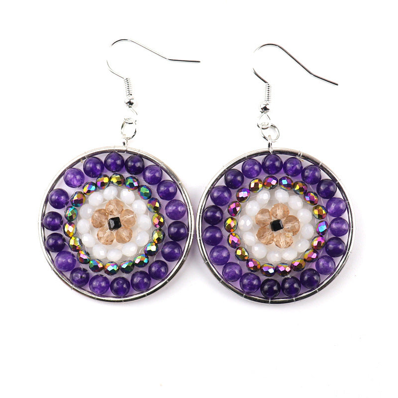 Boho Rainbow Stone Hoop Earrings – 4cm Handwoven Crystal Beads (E30)