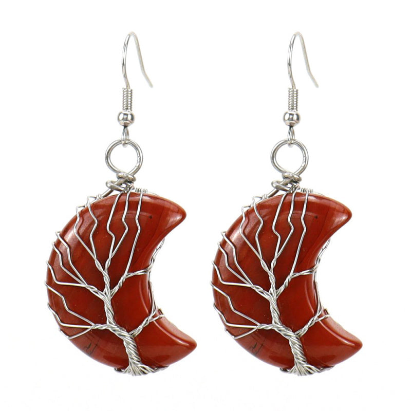 Tree of Life Moon Earrings – Amethyst Crystal Crescent Dangle (E36)