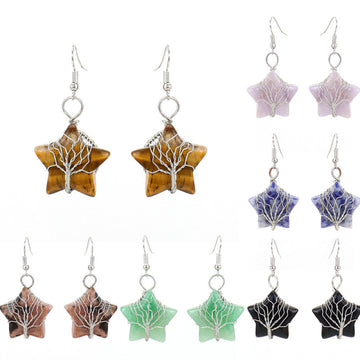 Pentagram Tree of Life Crystal Earrings – Tiger Eye Raw Stone