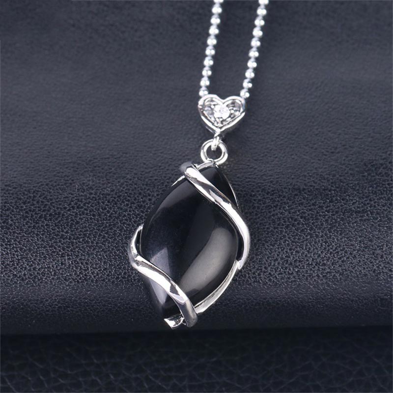 Buddha Stones Marquise Pattern Natural Crystal Stone Charm Necklace Pendant Necklaces & Pendants BS Black Onyx