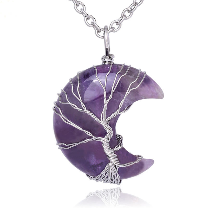 Buddha Stones Natural Quartz Crystal Moon Tree Of Life Healing Energy Necklace Pendant Necklaces & Pendants BS Amethyst