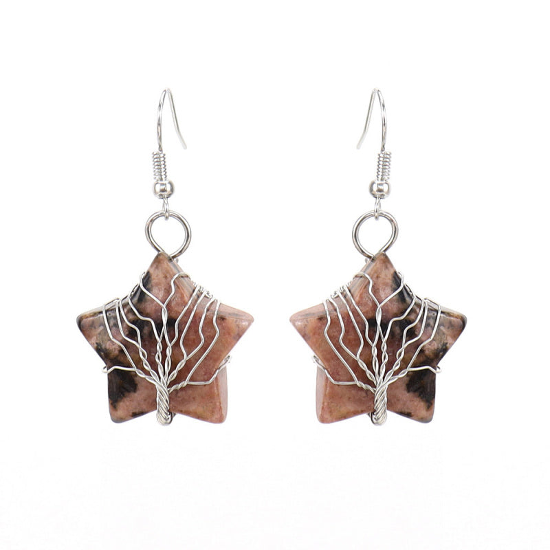 Pentagram Tree of Life Crystal Earrings – Tiger Eye Raw Stone
