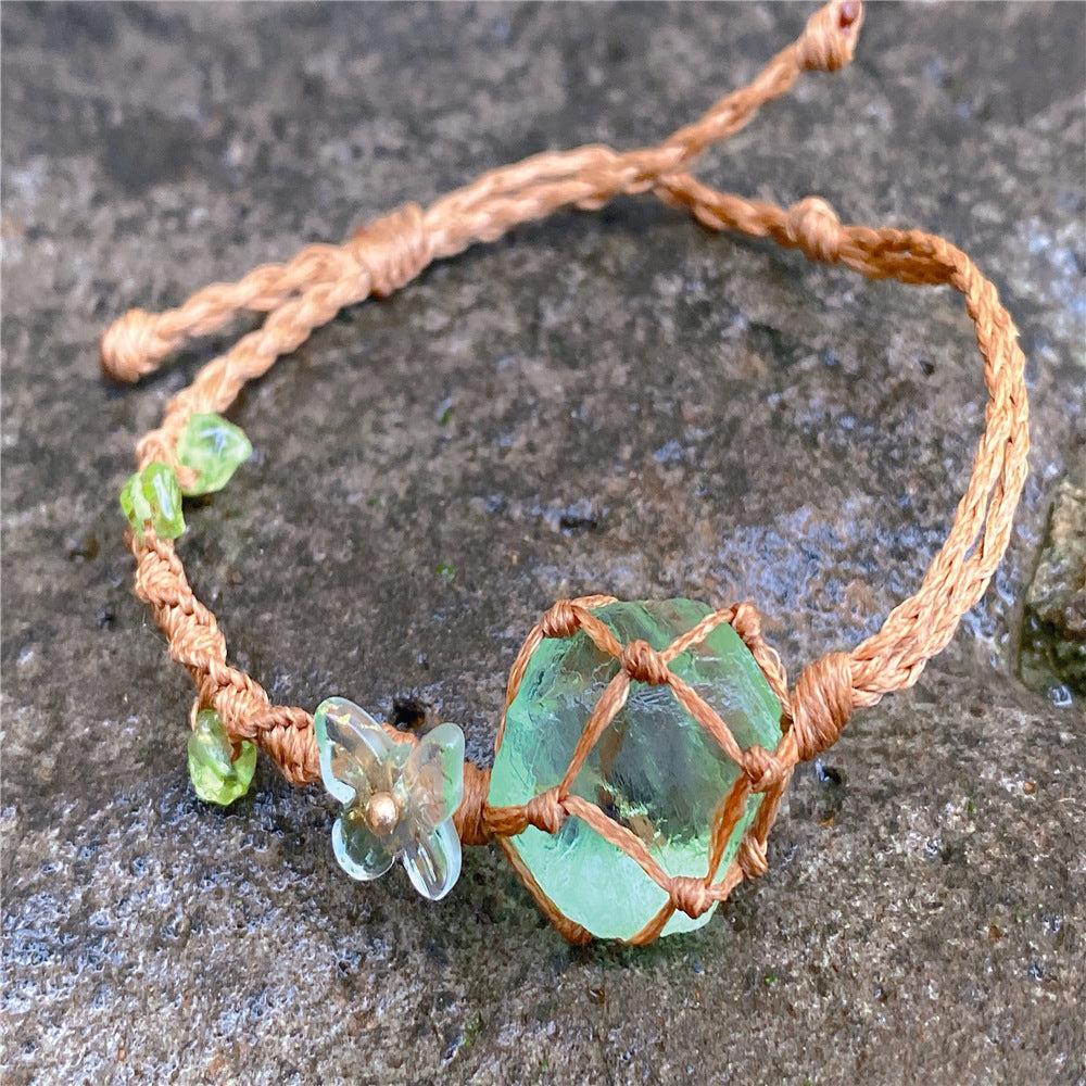 Fluorite Raw Stone Forest Bracelet/Necklace – Handwoven Macrame