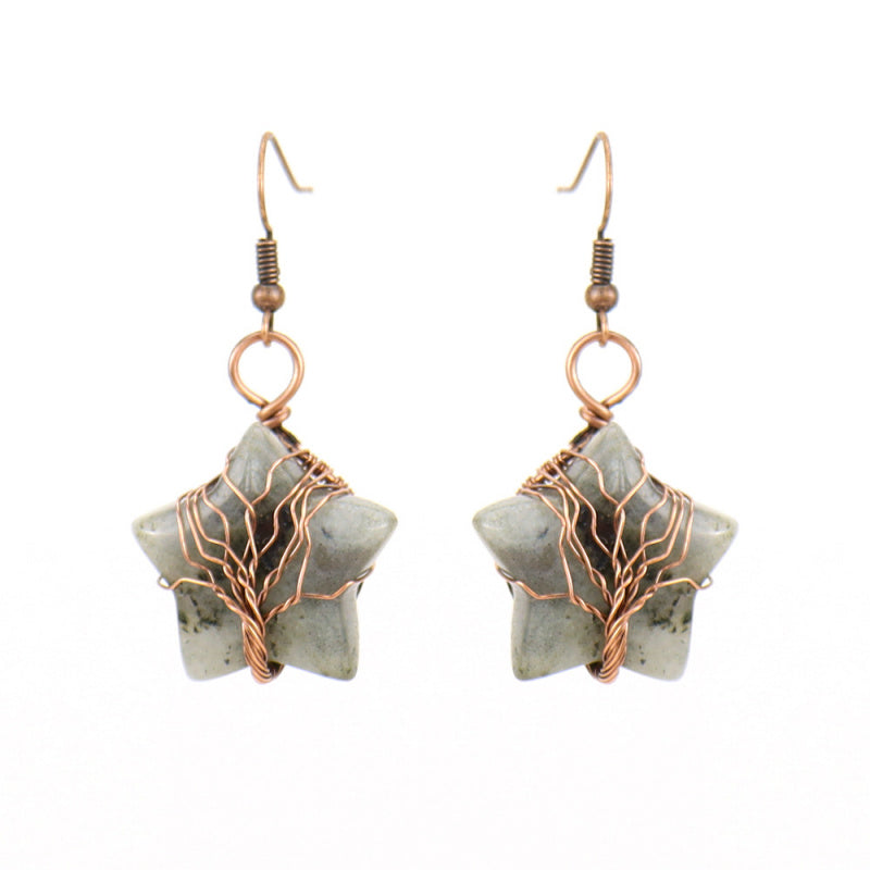 Tiger’s Eye Pentagram Earrings – Tree of Life Crystal Dangle (E56)
